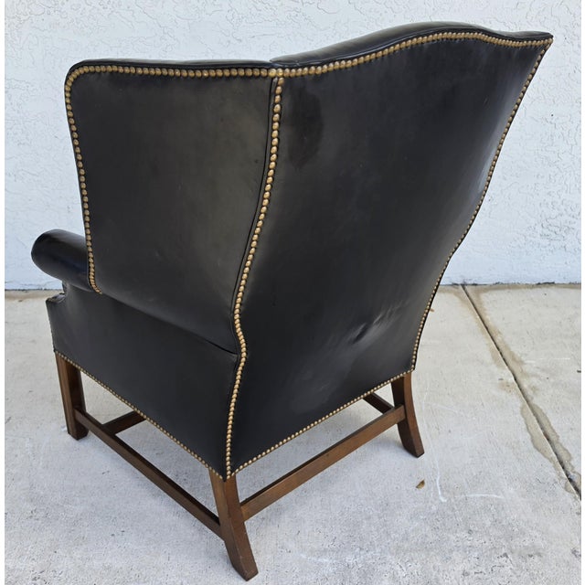 Chippendale Classic Georgian Chippendale Black Leather Wingback Library Gentlemans Armchair For Sale - Image 3 of 16
