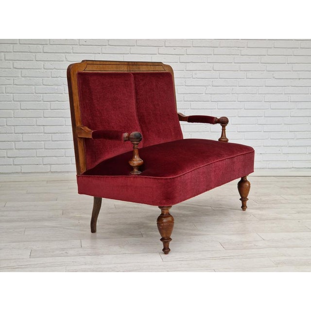 1950s, Danish design, 2 seater lounge sofa in dark red-cherry velour with fringes. Original very good condition. No...