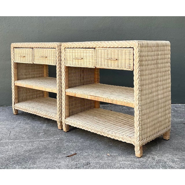 Wood Vintage Braided Rattan Side Tables - A Pair For Sale - Image 7 of 12
