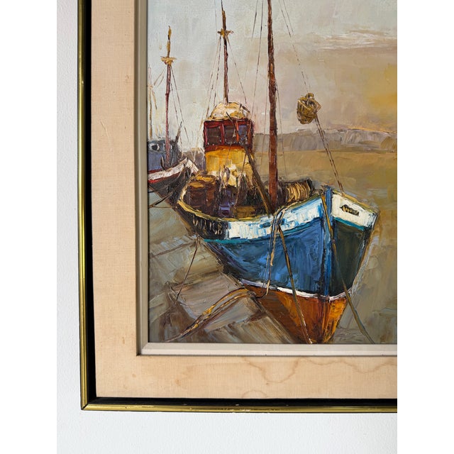 Brown 1970’s Vintage Yoli Sunset Harbor Scene Oil on Canvas Painting, Framed For Sale - Image 8 of 12