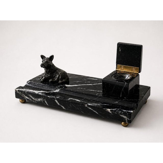 Swedish Art Deco Black Marble Desk Set with Terrier Sculpture, 1930, Set of 5 For Sale - Image 4 of 9