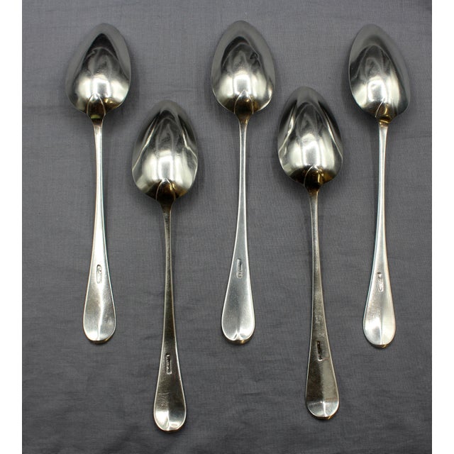 Set of five coin silver tablespoons by Samuel Browne, NYC, circa 1780-1800. Faint "IP" monogram. "Hanoverian" type...