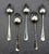 Set of five coin silver tablespoons by Samuel Browne, NYC, circa 1780-1800. Faint "IP" monogram. "Hanoverian" type...