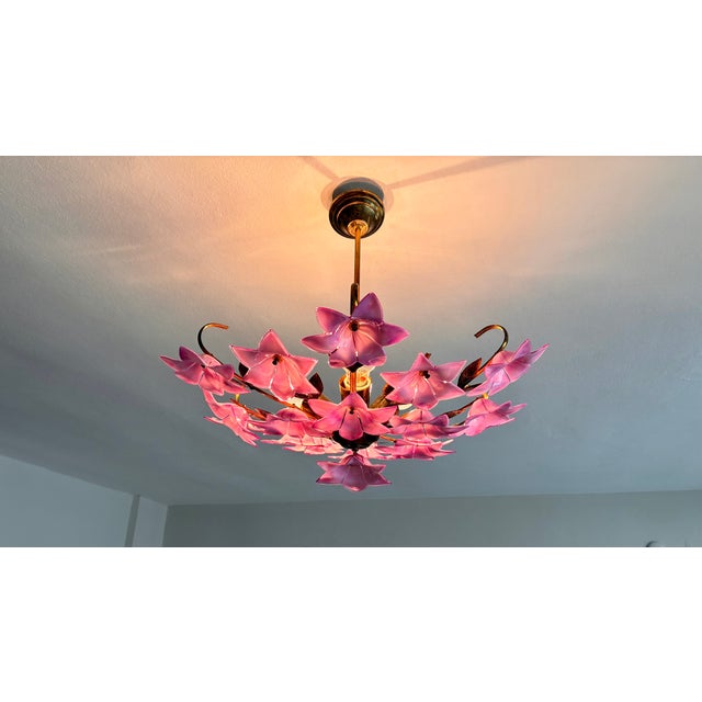 1980s Italian Style Pink Floral Crystal Flush Mount Chandelier, 3-Light For Sale - Image 10 of 17