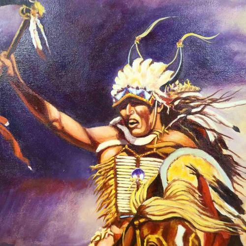 Reinhold, Indian Warrior on Horse, 2000s, Oil on Canvas For Sale - Image 3 of 7
