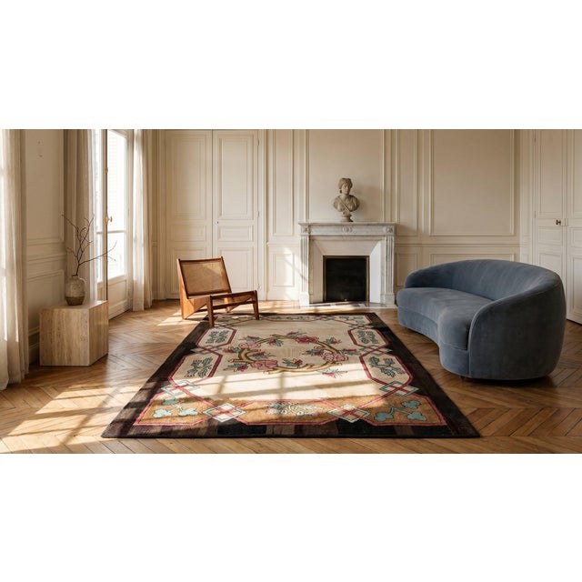 Beige 1930s Tan Beige Floral Folk Art Antique American Hooked Rug 5'9" X 8'6" Handknotted Wool Carpet For Sale - Image 8 of 9
