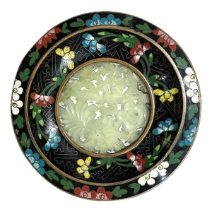 1920's Black Cloisonné Trinket Dish - Carved Jade Center - Chinese