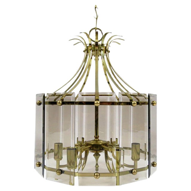 Brass & Smoked Glass Ceiling Lamp, 1970s For Sale