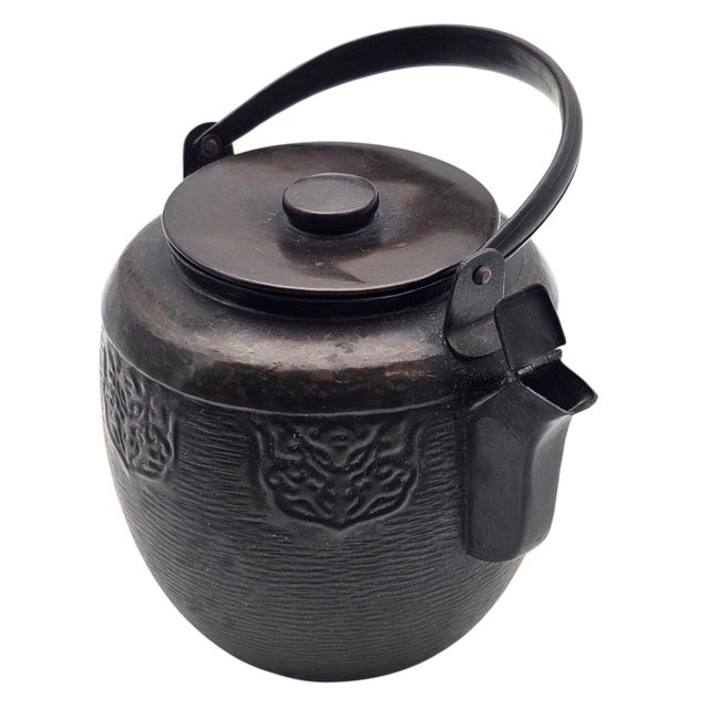 Vintage Japanese-Style Cast Metal Teapot With Hammered Texture and Crest Cartouches For Sale - Image 10 of 16