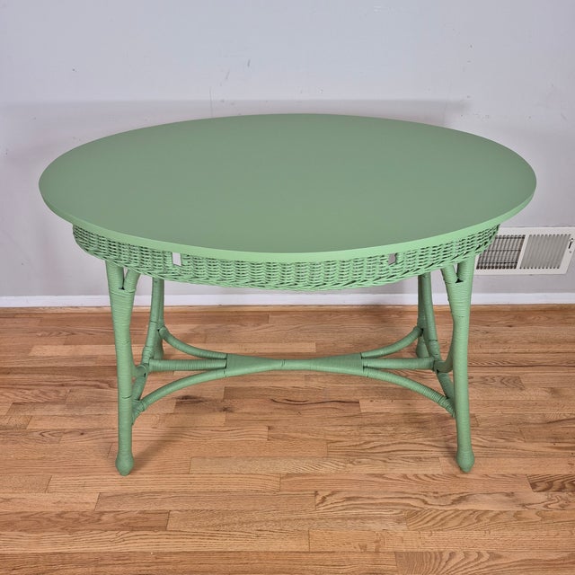 Early 20th Century Celery Green Painted Wicker Oval Sofa Console Table Desk Vanity For Sale - Image 9 of 11