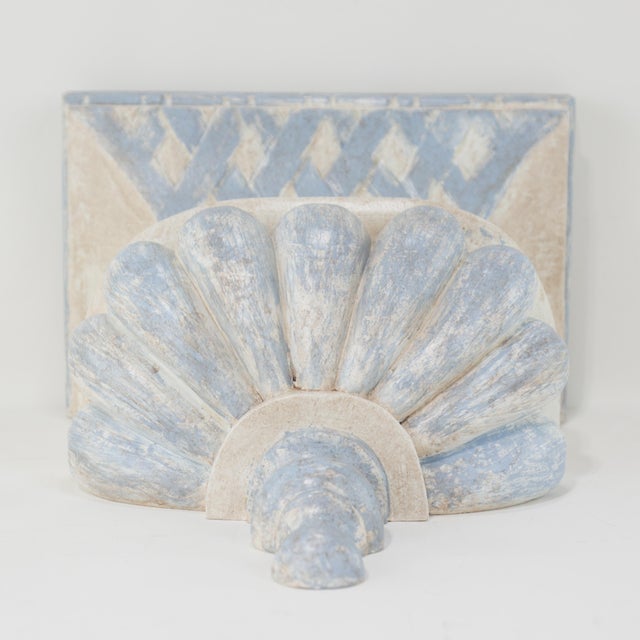 Late 20th Century Pair of French Provincial Style Carved Wall Brackets – Aged Blue & White Finish For Sale - Image 5 of 11
