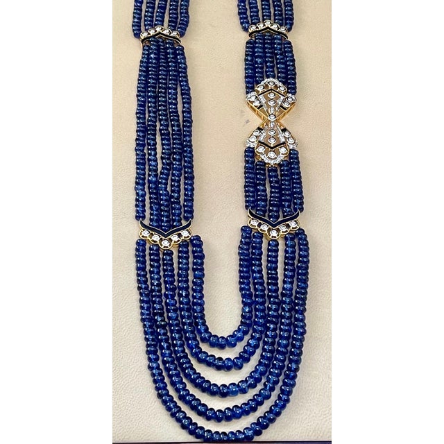1000 Ct Natural Tanzanite Bead Five Strand Necklace + 4.5 Ct Diamond 14 K Y Gold For Sale - Image 9 of 18