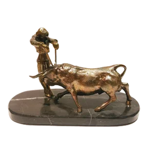 Vintage Bronze Metal Bull Fighter Matador and Bull on Marble Base