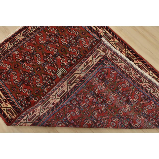 Hamedan Rug 3’5” X 4’10” Red Wool Vintage Tribal Hand-Knotted Carpet For Sale - Image 10 of 11