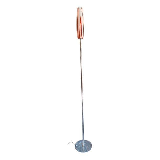 Vintage Floor Lamp with Chrome-Plated Metal Frame and Red and White Glass Shade, 1990s For Sale