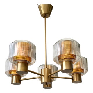 Scandinavian Modern Chandelier in Glass and Brass, 1960s For Sale