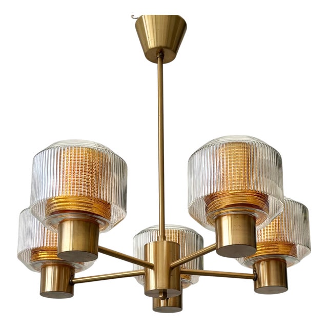 Scandinavian Modern Chandelier in Glass and Brass, 1960s For Sale