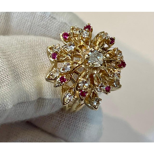 2010s Natural Ruby and Diamond 14 Karat Yellow Gold Flower Cocktail Ring For Sale - Image 5 of 18