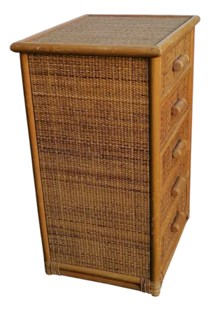 Bamboo and Woven Rattan Five-Drawer Chest, 1970s