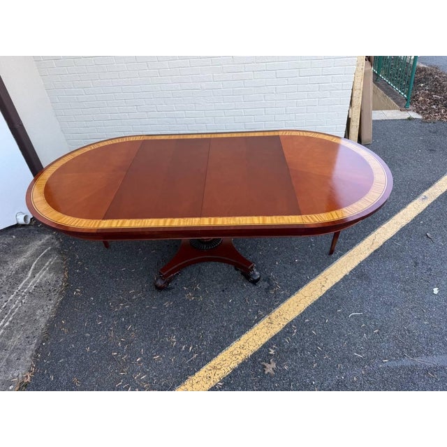 Baker Furniture Regency Style RoundBanded Mahogany Pedestal Extension Dining Room Table with 2 leaves Well made, Carved...