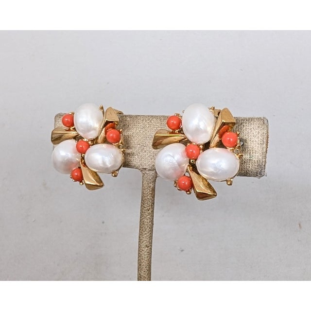 Mid-Century Modern Vintage 1959 Signed Crown Trifari Faux-Pearl & Cabochon Faux-Coral Clip Earrings-2 Pieces For Sale - Image 3 of 8