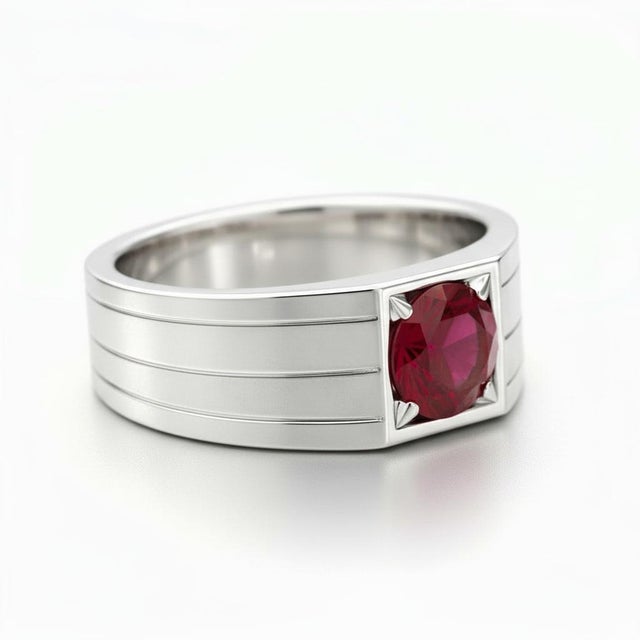 Modern Ruby Solitaire Ring for Men Silver, Gold, Size 10 For Sale - Image 3 of 5