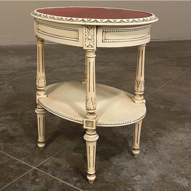Wood Antique French Louis XVI Painted Oval Side Table With Leather Top For Sale - Image 7 of 17