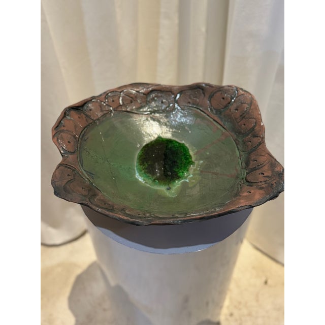 Mid-Century Modern Mid 20th Century Handcrafted Ceramic Art Bowl With Green Glaze and Sculptural Organic Edge For Sale - Image 3 of 6