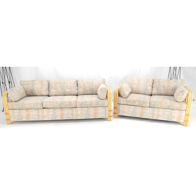 Wood Pair Bent Bamboo Frames Linen Like Upholstery Mid Century Modern Sofa Loveseat For Sale - Image 7 of 13