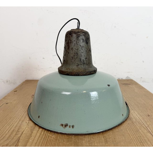 Industrial Petrol Enamel Factory Lamp with Cast Iron Top, 1960s For Sale - Image 15 of 18