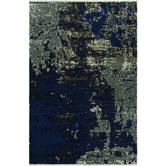 Blue 1990s Abstract Modern Blue/Ivory Wool & Viscose Rug - 4'2 X 6'5 For Sale - Image 8 of 8