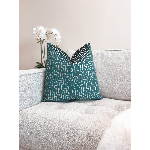 Teal Maze Velvet Throw Pillow With Feather Down Insert For Sale - Image 4 of 4