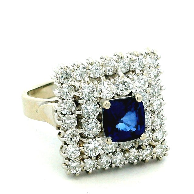 Vintage Sapphire & Diamond Square Cluster Ring in 14k White Gold, Size 7 For Sale - Image 12 of 13