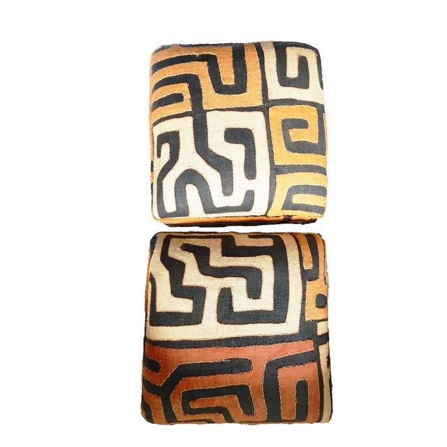 Brown Vintage Custom Made African Upholstered Kuba Textile Ottomans/Footstools, Set of Two For Sale - Image 8 of 8