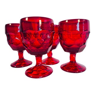 Vintage 1960s Red Cubist Glass Water Stems, Set of 4 For Sale
