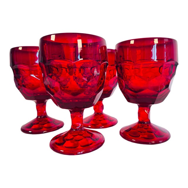 Vintage 1960s Red Cubist Glass Water Stems, Set of 4 For Sale