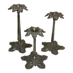 Set of 3 Vintage Nickel Metal Palm Tree Candlesticks Reticulated Bases