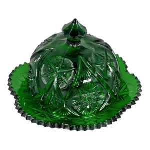 Vintage 1960s Emerald Green Glass Star Pattern Lidded Dish