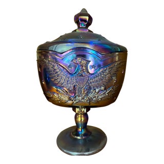 Bicentennial 1776 Eagle Compote l.e. Smith Glass Co. Iridescent Blue Glass For Sale