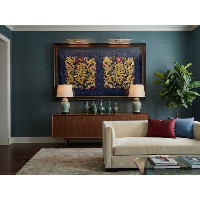 Asian Vintage Hand Embroidered Double Dragons Longevity Navy Blue Fabric Art For Sale - Image 3 of 8