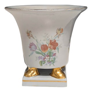 Vintage 1940s Princeton China Footed Urn Vase – Gray Glaze, Floral Motif & Gold Accents For Sale