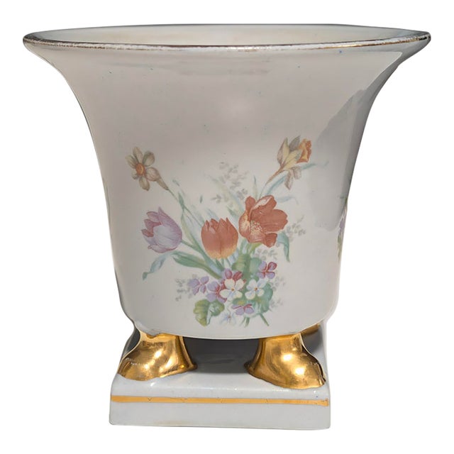 Vintage 1940s Princeton China Footed Urn Vase – Gray Glaze, Floral Motif & Gold Accents For Sale