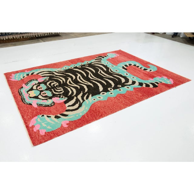 Contemporary Contemporary Pictorial Designed Handmade Wool Rug in Red For Sale - Image 3 of 10