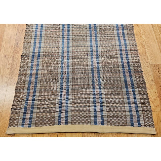Vintage American Rag Runner, Handwoven Wool & Cotton, Stripe Pattern, Tan & Blue, 3x16 For Sale - Image 10 of 15