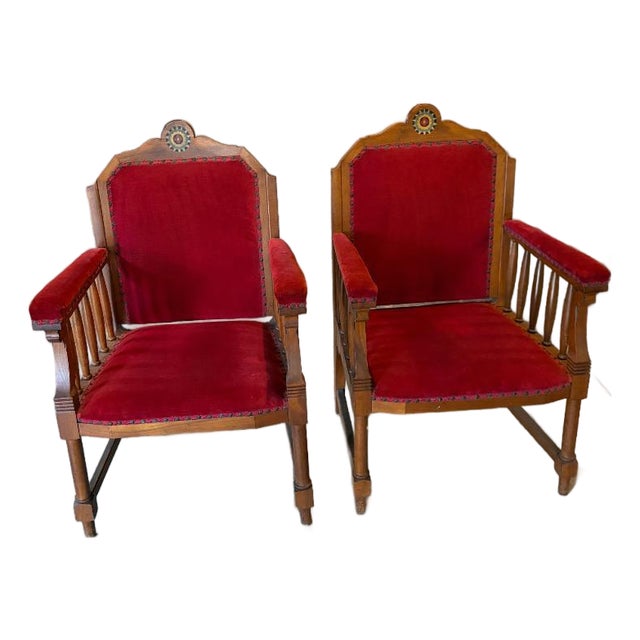 2 Antique Red Velvet and Wood Regal Living Room Chairs For Sale