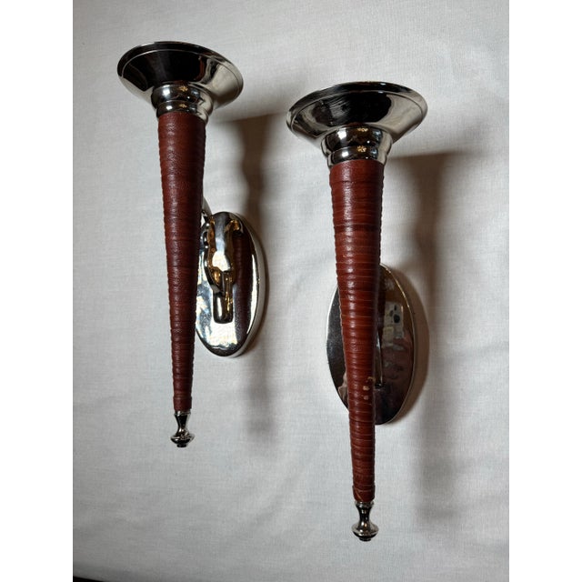 Vintage Rustic Southwestern Polished Chrome and Leather Wrapped Wall Candle Sconces- Set of 2 For Sale - Image 4 of 11