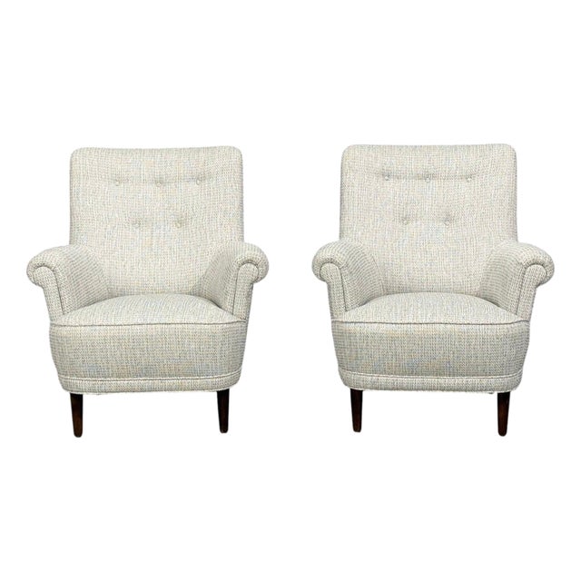 Carl Malmsten, Lounge Chairs, Grey Fabric, Wood, Sweden, 1950s For Sale