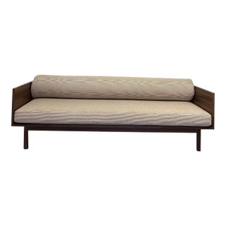 Blu Dot Souvenir Sofa – Walnut Wood Frame With Built-in Display Shelf For Sale