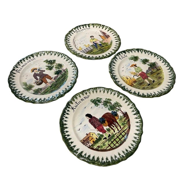 Italian Set of Four Vintage Italian Hand-Painted Faience "Four Seasons" Ceramic Plates For Sale - Image 3 of 12