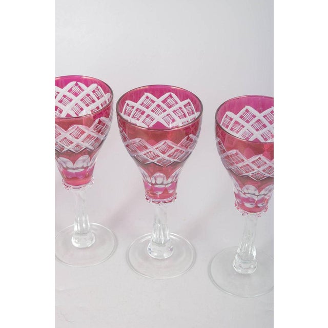 Boho Chic Bohemian Pink Crystal Wine Glasses with Cut Decoration, 1940s, Set of 4 For Sale - Image 3 of 5